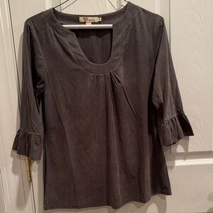 Anthropologie suede Charcoal Blouse with 3/4 Ruffle Sleeves sz small